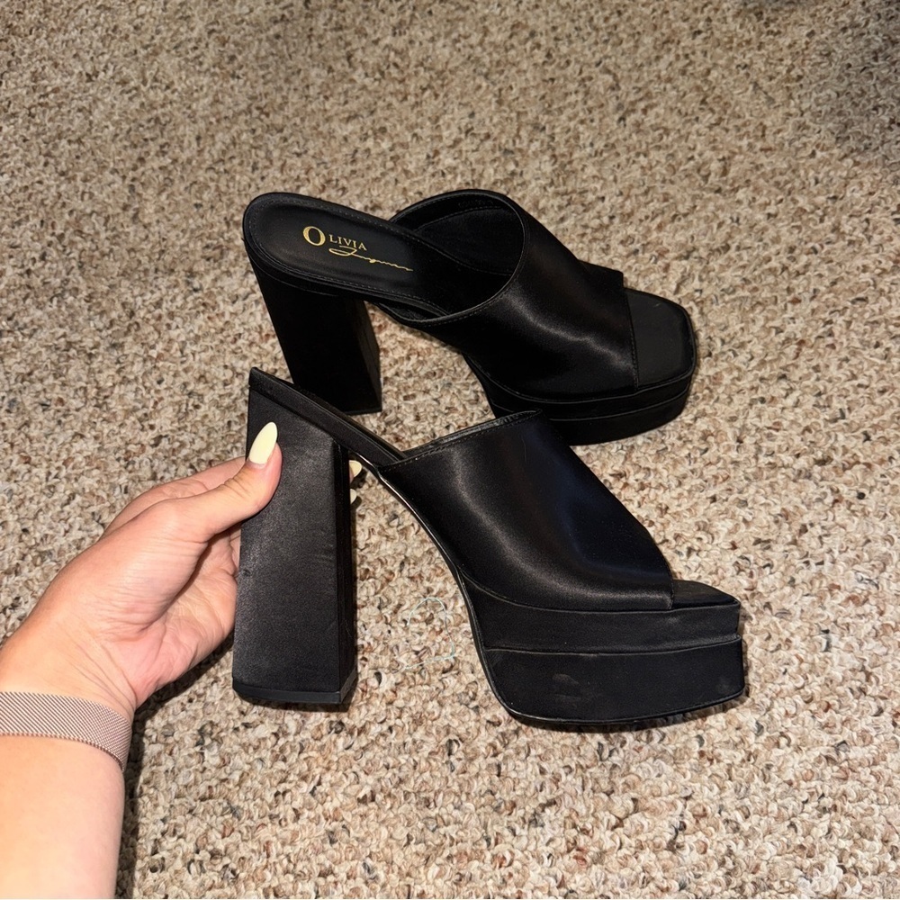 Platform Chunky Satin Black Mules Heels 9 - Picture 3 of 9